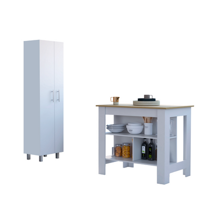 London 2 Piece Kitchen Set, Kitchen Island + Pantry , White /Walnut