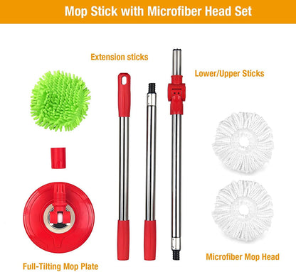 Spin Magic 360 Upgraded Mop Handle with 2 Pack Microfiber Mop Head Refills Set Replacement for Any Hand Press and Pedal Mop Buckets
