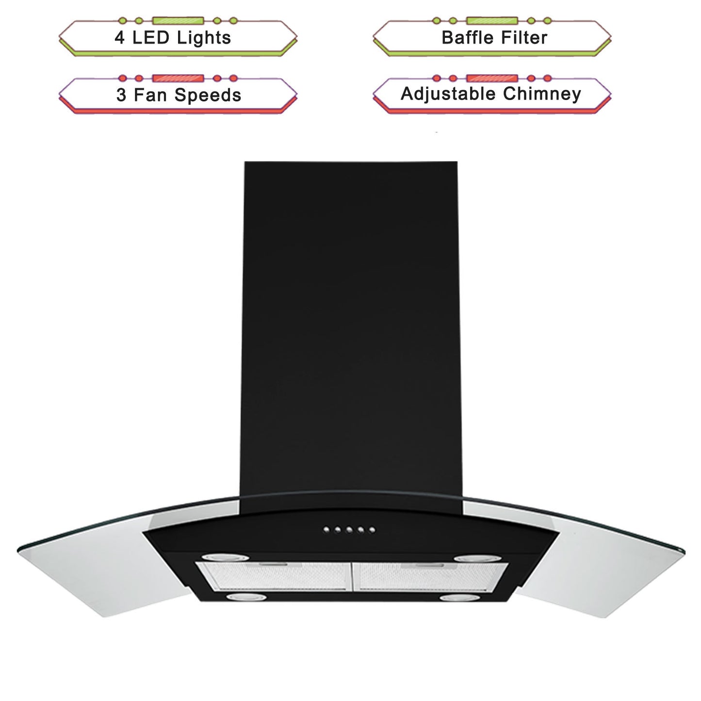 30 inch Stainless Steel Kitchen Island Range Hood 900CFM Tempered Glass 3 Speed Black LEDs