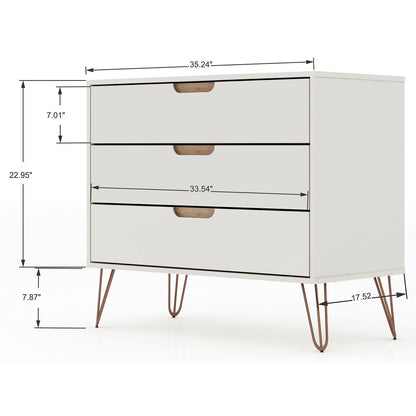 Manhattan Comfort Rockefeller Mid-Century- Modern Dresser with 3-Drawers in Off White and Nature