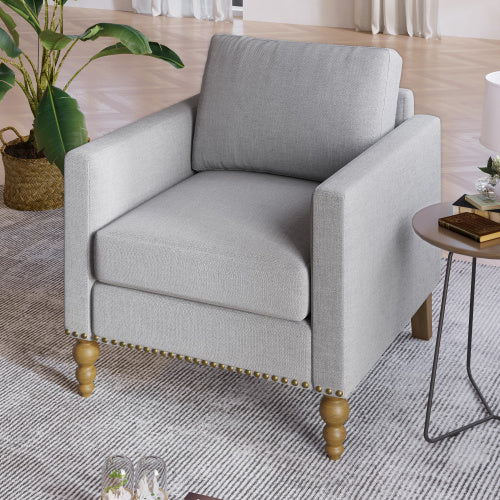 Classic Linen Armchair Accent Chair with Bronze Nailhead Trim Wooden Legs Single Sofa Couch for Living Room, Bedroom, Balcony, Light Gray