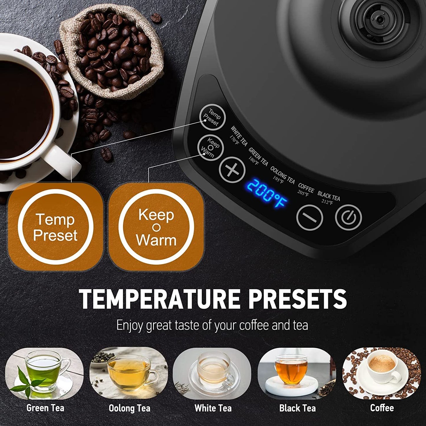 Electric Gooseneck Kettle Temperature Control & 5 Variable Presets;  Pour-Over Tea Kettle for Coffee Brewing;  Stainless Steel Inner;  1200W Rapid Heating;  Temp Holding;  0.8L;  Matte Black