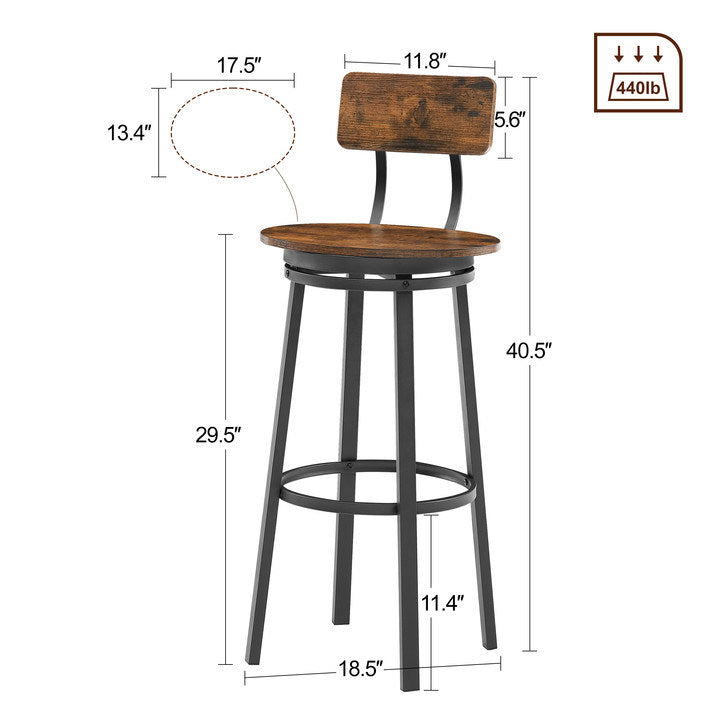 Oval Swivel Bar Stool with Backrest; Set of 2; Industrial; Metal Frame; 29.5" High.(Rustic Brown; 17.5''w x 13.4''d x 40.5''h)