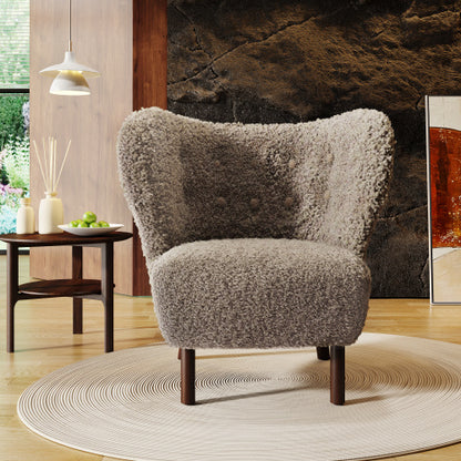 Modern Accent Chair Lamb skin Wingback Tufted Side Chair with Solid Wood Legs,Light Brown