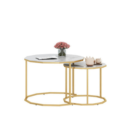 Marble Coffee Table End table 12-gon Shape; 25.6 " White Artificial Marble Top and Black Metal Legs can be used in living room; outdoor; anti-tip.(white+golden; 25.6"W x 25.6"D x 18.4"H)