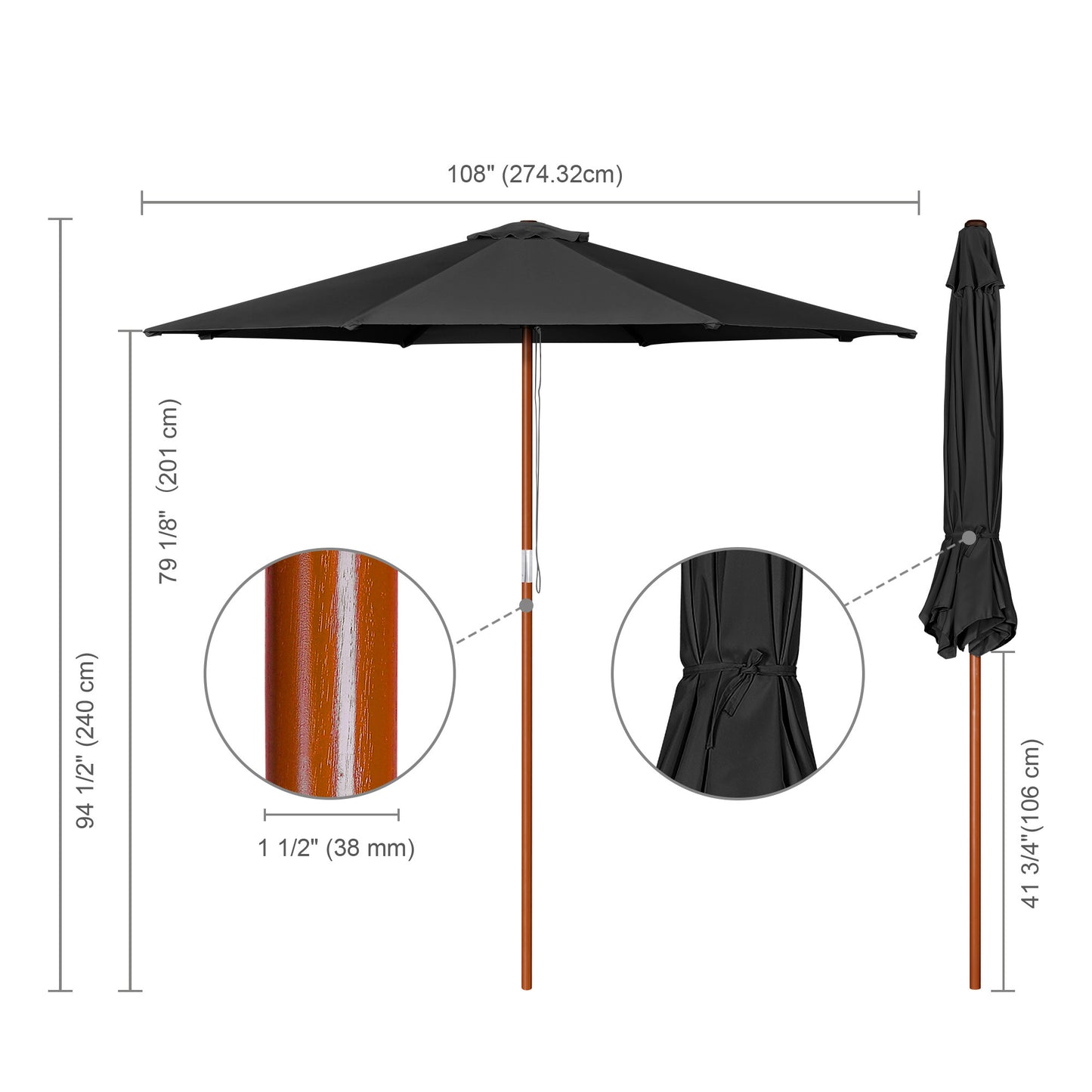 9 Ft Wooden Umbrella Black