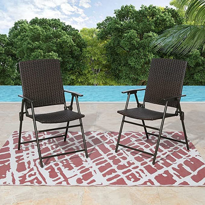 Rattan Folding Outdoor Patio Dining Chairs with Armrest Foldable Wicker Chairs Set of Two