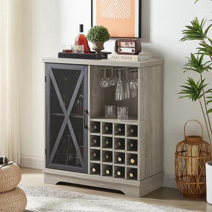 Single door wine cabinet with 16 wine storage compartments (Gray; 31.50" W*13.78" D*35.43" H)