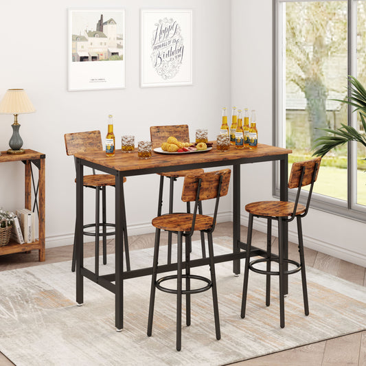 Bar Table Set with 4 Bar stools with backrest (Rustic Brown; 47.24''w x 23.62''d x 35.43''h)