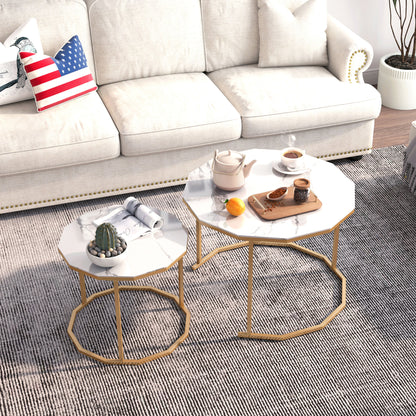 Marble Coffee Table End table 12-gon Shape; 25.6 " White Artificial Marble Top and Black Metal Legs can be used in living room; outdoor; anti-tip.(white+golden; 25.6"W x 25.6"D x 18.4"H)