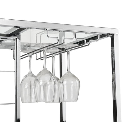 Bar Serving Cart with Glass Holder and Wine Rack, 3-Tier Kitchen Trolley with Tempered Glass Shelves and Chrome-Finished Metal Frame, Mobile Wine Cart for Home (Silver)