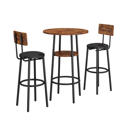 Double Layer Round Bar Table with 2 Bar Stools PU Soft Seat Back Breakfast table.(Rustic Brown; 23.62''w x 23.62''d x 35.43''h)