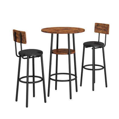 Double Layer Round Bar Table with 2 Bar Stools PU Soft Seat Back Breakfast table.(Rustic Brown; 23.62''w x 23.62''d x 35.43''h)