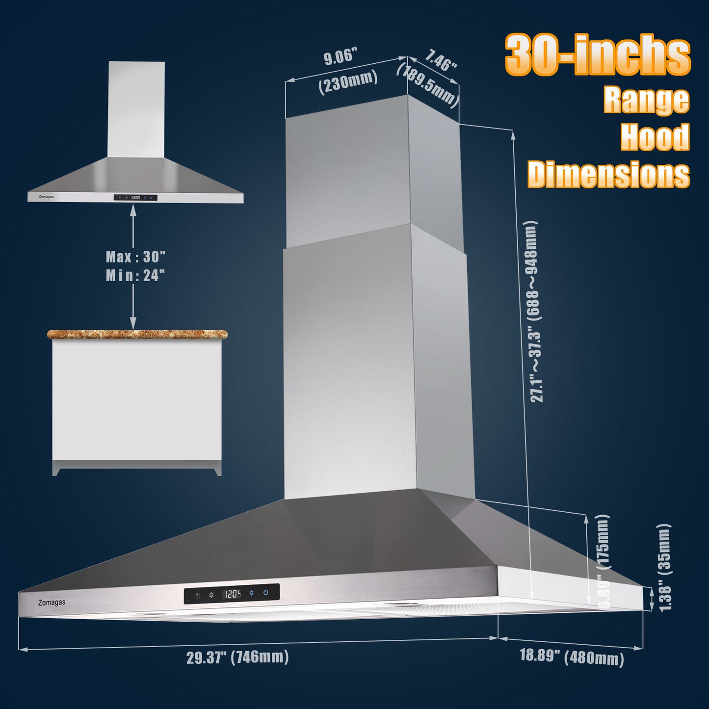 30 inch Range Hood Wall Mounted 450 CFM Touch Panel Kitchen Stainless Steel Vented