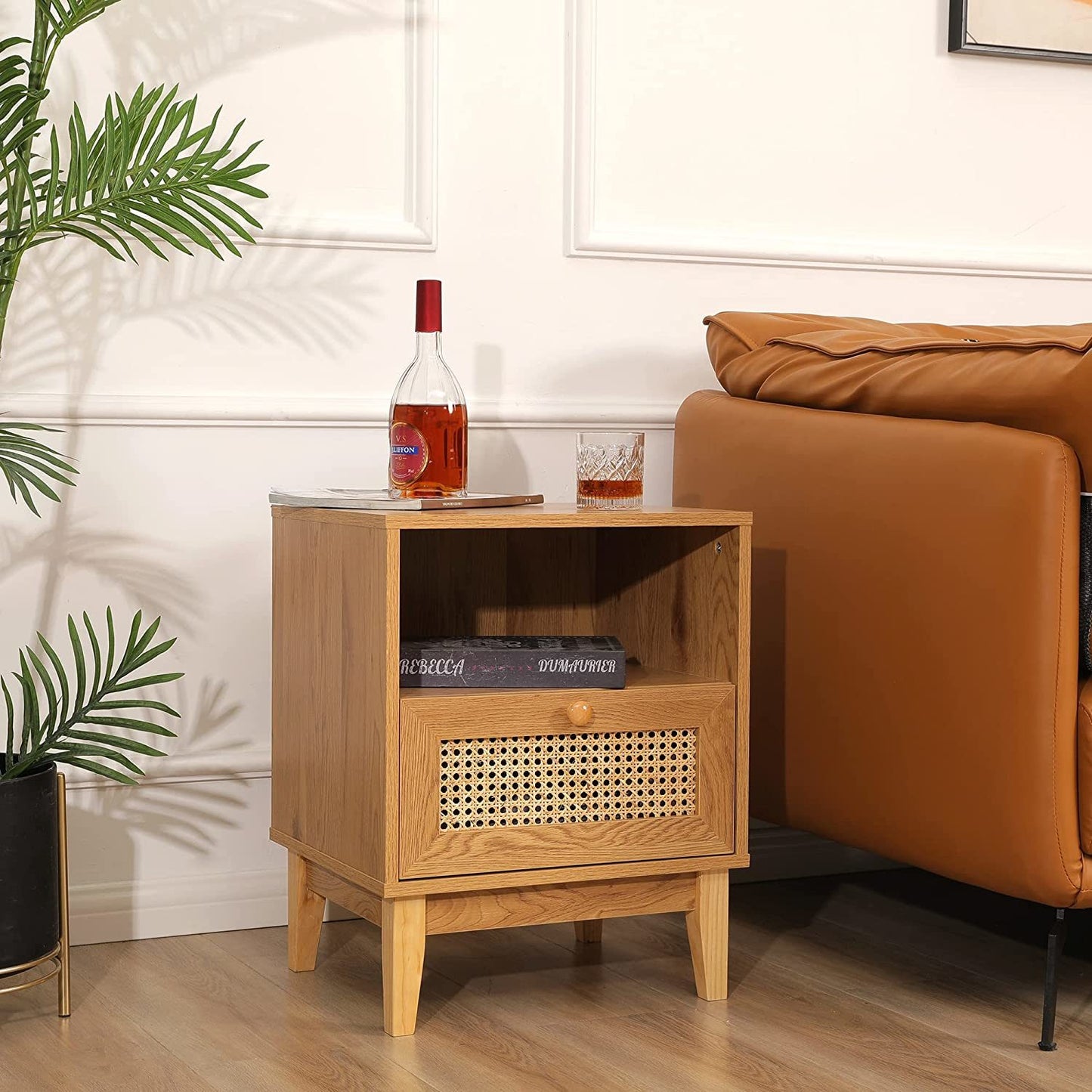 Nightstand with Natural Rattan Door Rattan Drawer;  Wooden Bedside Table End Table for Living Room and Bedroom