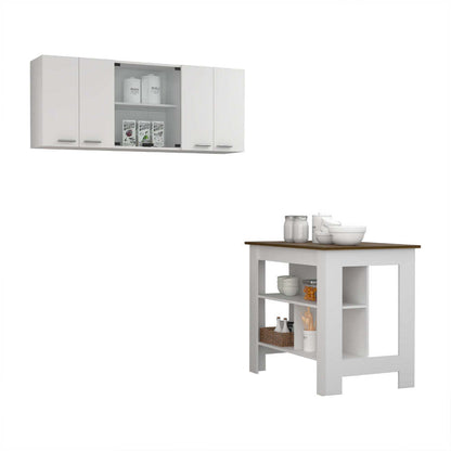 Norfolk 2 Piece Kitchen Set, Kitchen Island + Upper Wall Cabinet , White /Walnut
