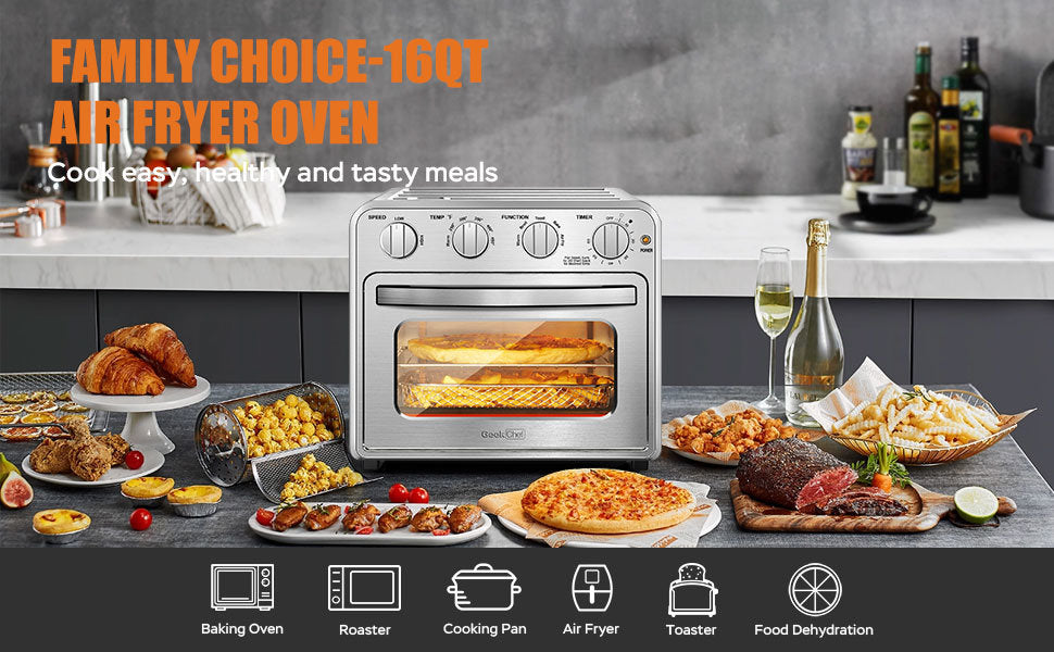 Geek Chef Air Fryer Toaster Oven Combo;  4 Slice Toaster Convection Air Fryer Oven Warm;  Broil;  Toast;  Bake;  Air Fry;  Oil-Free;  Accessories Included;  Stainless Steel;  Silver;  16QT