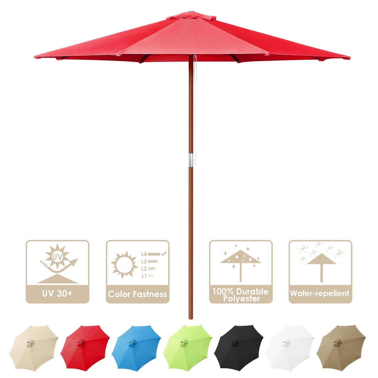 9 Ft Wooden Umbrella Red