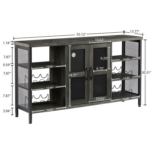 Industrial Wine Bar Cabinet; Liquor Storage Credenza; Sideboard with Wine Racks & Stemware Holder (Dark Grey; 55.12''w x 13.78''d x 30.31' ' h)