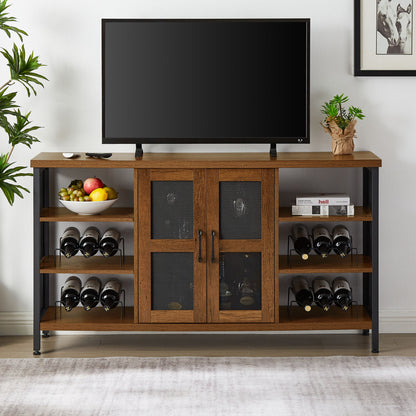 Industrial Wine Bar Cabinet; Liquor Storage Credenza; Sideboard with Wine Racks & Stemware Holder (Hazelnut Brown; 55.12''w x 13.78''d x 30.31' ' h)