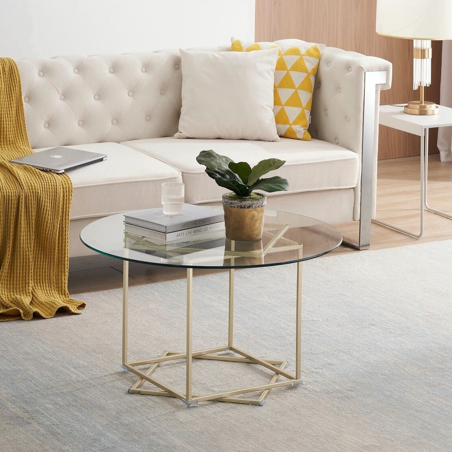 Octomom coffee table;  glass coffee table with gold frame round and glass top for home office;  metal table legs;  home decor accent cocktail table