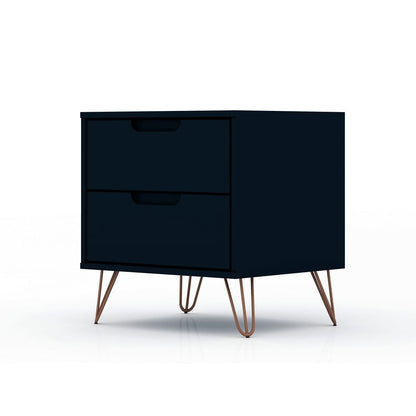 Manhattan Comfort Rockefeller 2.0 Mid-Century- Modern Nightstand with 2-Drawer in Tatiana Midnight Blue