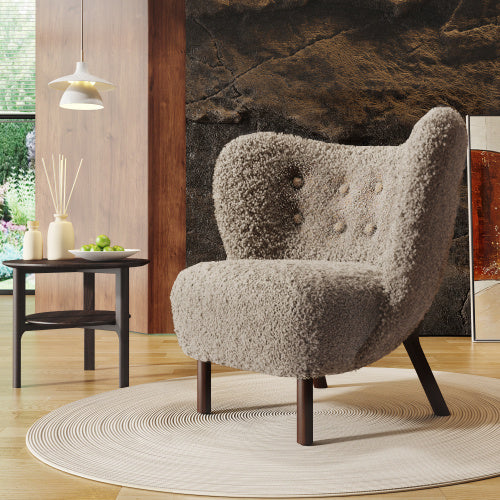 Modern Accent Chair Lamb skin Wingback Tufted Side Chair with Solid Wood Legs,Light Brown