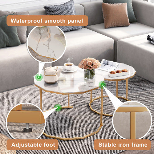 Marble Coffee Table End table 12-gon Shape; 25.6 " White Artificial Marble Top and Black Metal Legs can be used in living room; outdoor; anti-tip.(white+golden; 25.6"W x 25.6"D x 18.4"H)