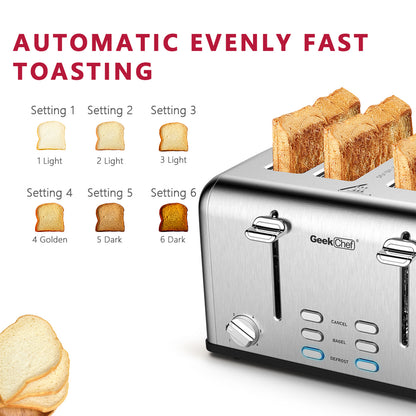 Toaster 4 Slice, Stainless Steel Extra-Wide Slot Toaster with Dual Control Panels of Bagel/Defrost/Cancel Function, 6 Toasting Bread Shade Settings, Removable Crumb Trays, Auto Pop-Up