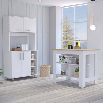 Surrey 2 Piece Kitchen Set, Kitchen Island + Pantry Cabinet , White /Walnut
