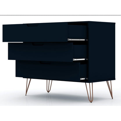 Manhattan Comfort Rockefeller Mid-Century- Modern Dresser with 3-Drawers in Tatiana Midnight Blue