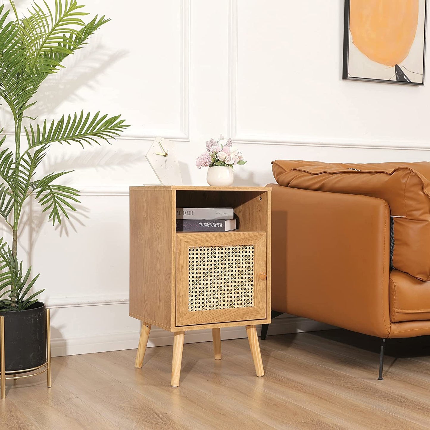Nightstand with Natural Rattan Door Rattan Drawer;  Wooden Bedside Table End Table for Living Room and Bedroom