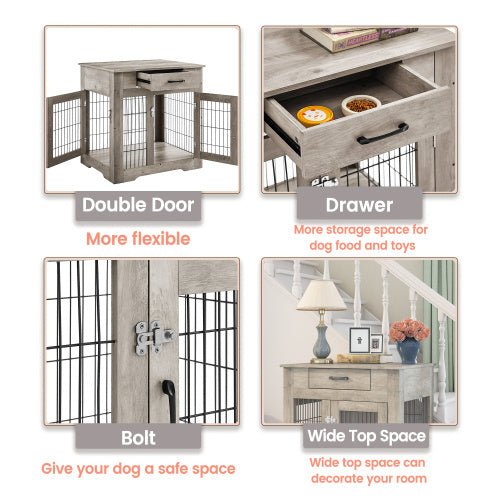 Furniture Style Dog Crate End Table with Drawer; Pet Kennels with Double Doors ; Dog House Indoor Use; (Grey; 29.92'w x 24.80' d x 30.71'h)