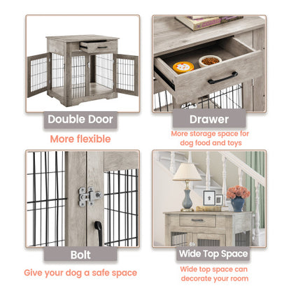 Furniture Style Dog Crate End Table with Drawer; Pet Kennels with Double Doors ; Dog House Indoor Use; (Grey; 29.92'w x 24.80' d x 30.71'h)