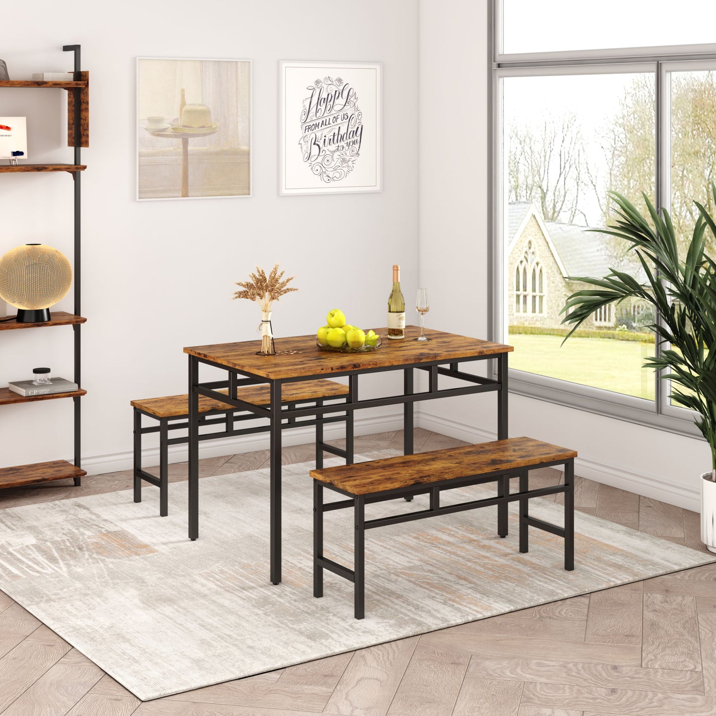 Dining table set 3PC; structural strengthening; industrial style (Rustic Brown; 43.31''w x 27.56''d x 29.53''h)