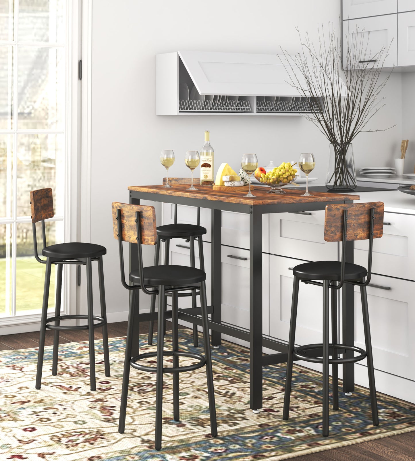 Bar Table Set with 4 Bar stools PU Soft seat with backrest (Rustic Brown; 47.24''w x 23.62''d x 35.43''h)