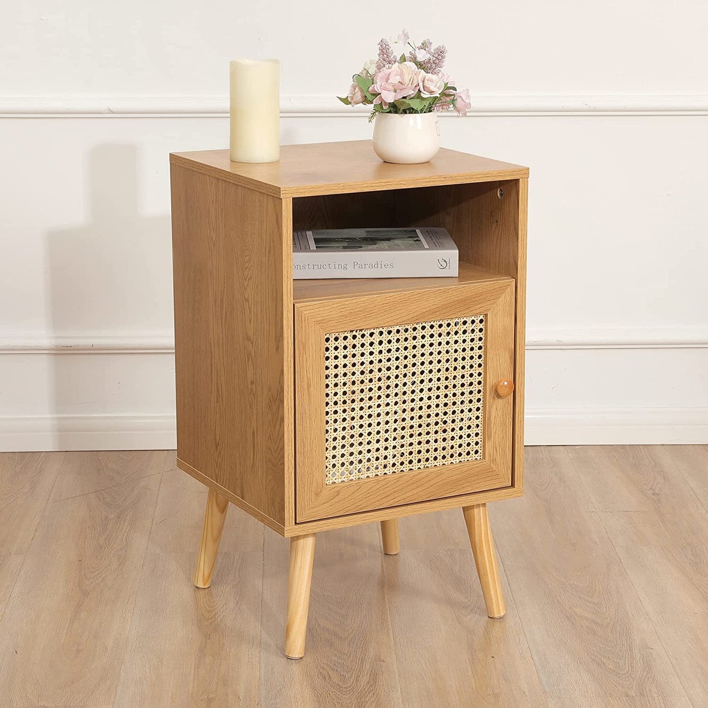 Nightstand with Natural Rattan Door Rattan Drawer;  Wooden Bedside Table End Table for Living Room and Bedroom