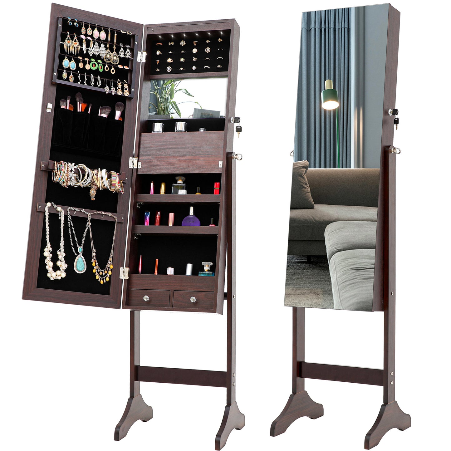 Jewelry Cabinet with Full-Length Mirror, Standing Lockable Jewelry Armoire Mirror Organizer