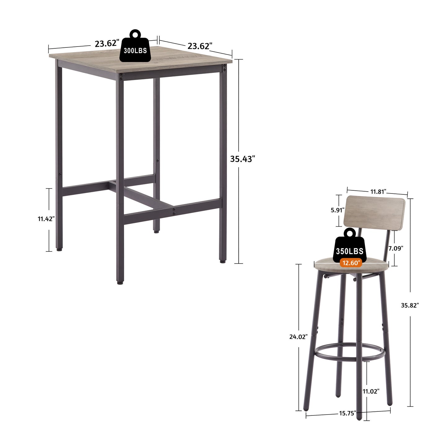 Bar Table Set with 2 Bar stools PU Soft seat with backrest (Grey; 23.62''w x 23.62''d x 35.43''h)