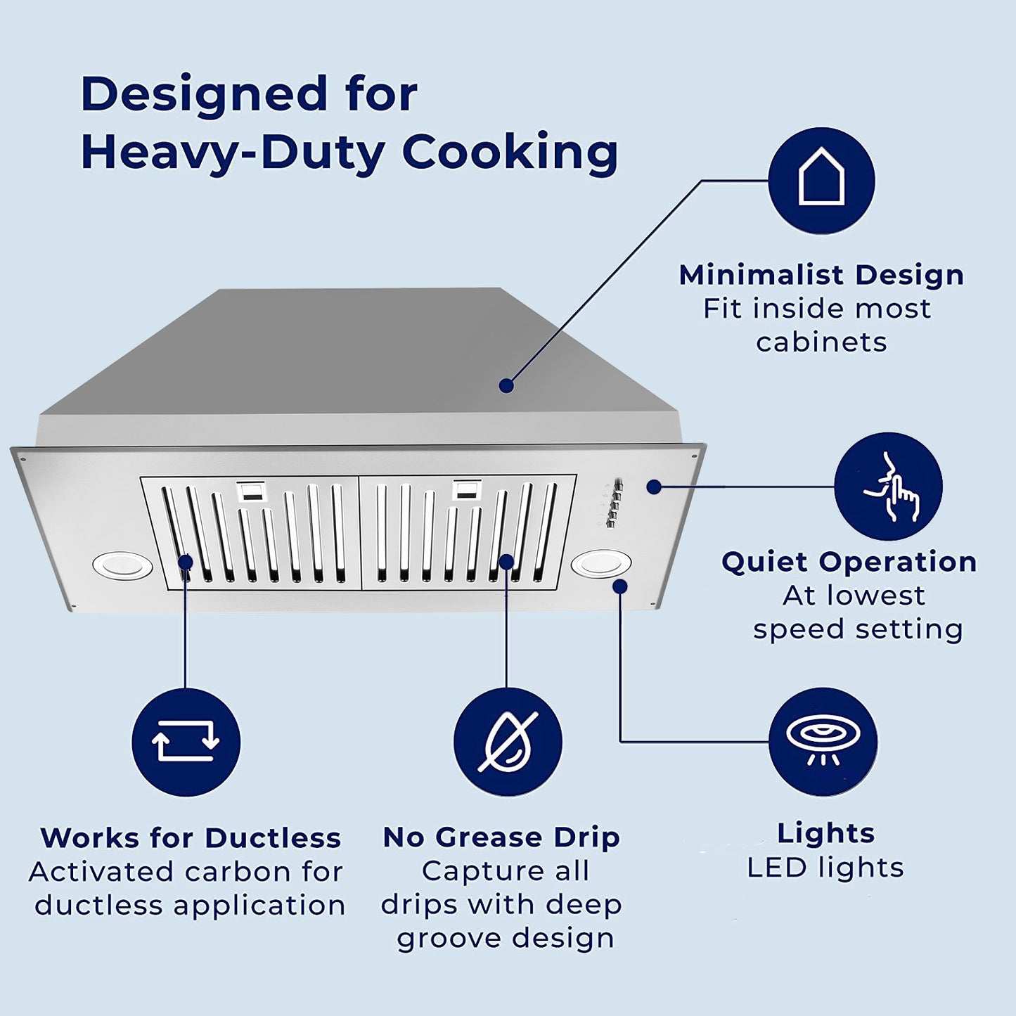 30 inch Insert Range Hood 600 CFM;  Built-in Stainless Steel Range Hoods with Right Button Controls and Back LED Lights; Kitchen Hood for Over Stove; Ducted/Ductless Convertible Vent Hood