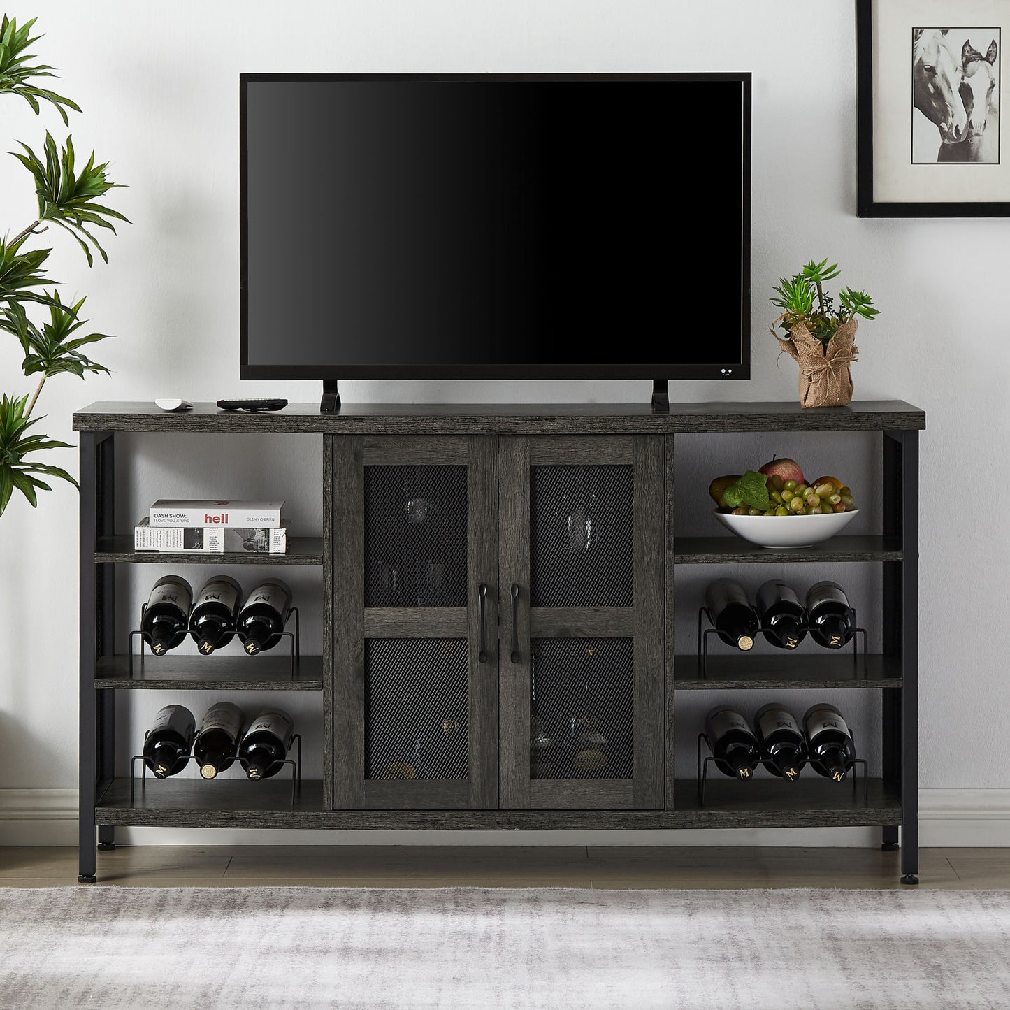 Industrial Wine Bar Cabinet; Liquor Storage Credenza; Sideboard with Wine Racks & Stemware Holder (Dark Grey; 55.12''w x 13.78''d x 30.31' ' h)