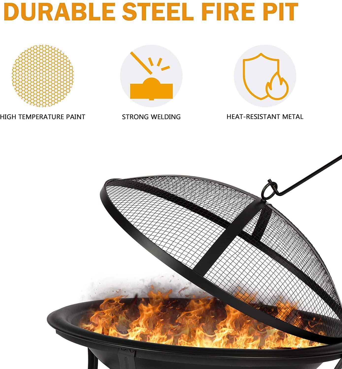 Bosonshop 22'' Outdoor Wood Burning BBQ Grill Firepit Bowl w/Spark Round Mesh Spark Screen Cover Fire Poker Patio Steel Fire Pit Bonfire for Backyard Camping