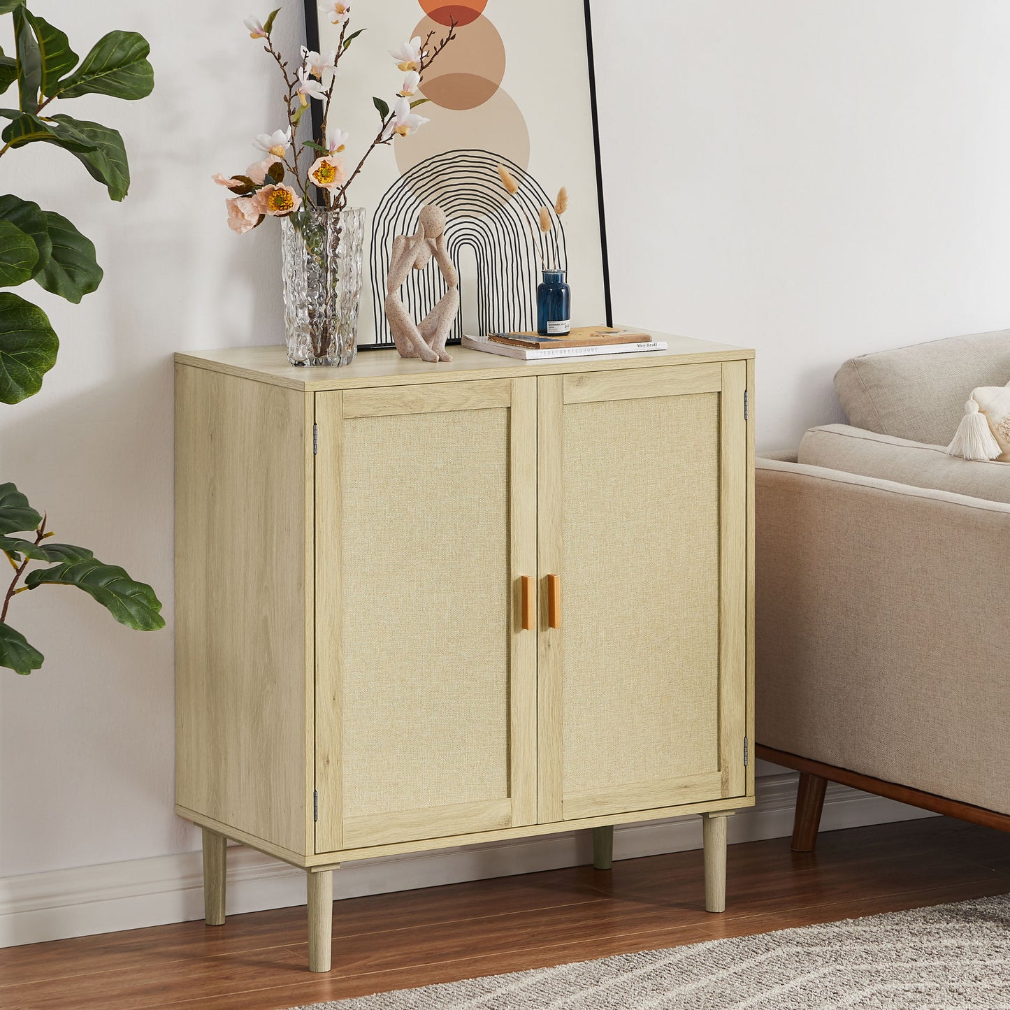 Mid-Century 2-Door Accent Chest; Wood Storage Cabinet with Shelf and Fabric Covered Panels(Natural; 31.5''w x 15.8''d x 34.6"h).