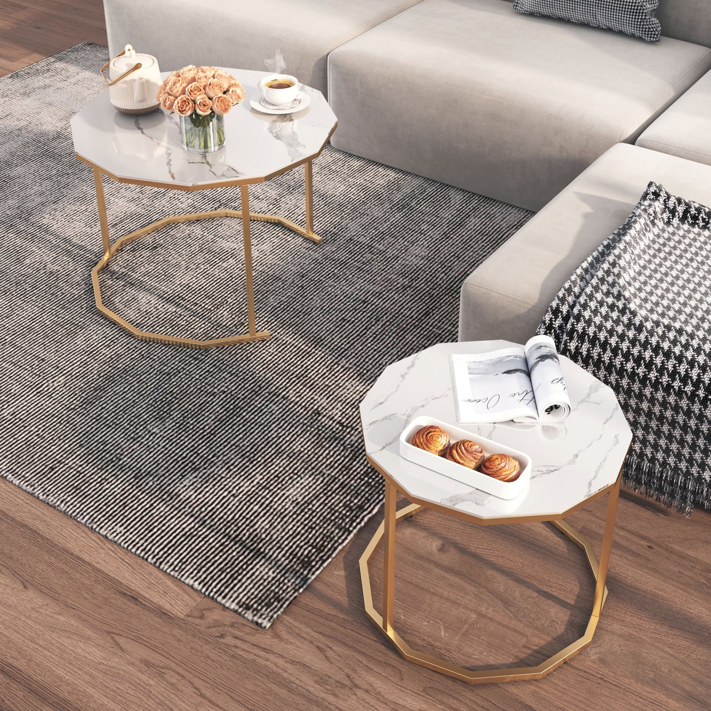 Marble Coffee Table End table 12-gon Shape; 25.6 " White Artificial Marble Top and Black Metal Legs can be used in living room; outdoor; anti-tip.(white+golden; 25.6"W x 25.6"D x 18.4"H)