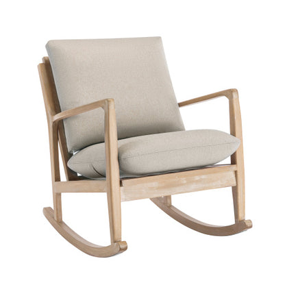 Solid Wood Rocking Chair Nursery Chair, Linen Fabric Upholstered Comfy Accent Chair for Porch, Garden Patio, Balcony, Living Room and Bedroom, Beige