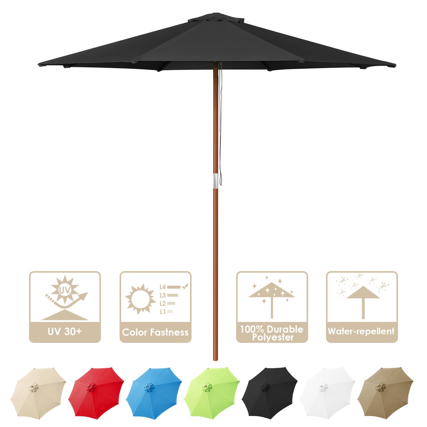 9 Ft Wooden Umbrella Black