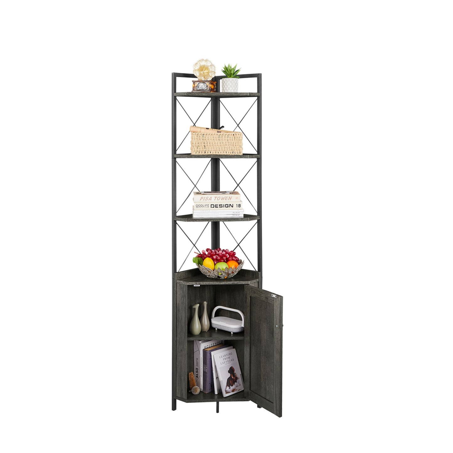 Corner Shelf 5-Tier with Storage; Corner cabinet Bookshelf Stand Storage Rack(Dark Grey)