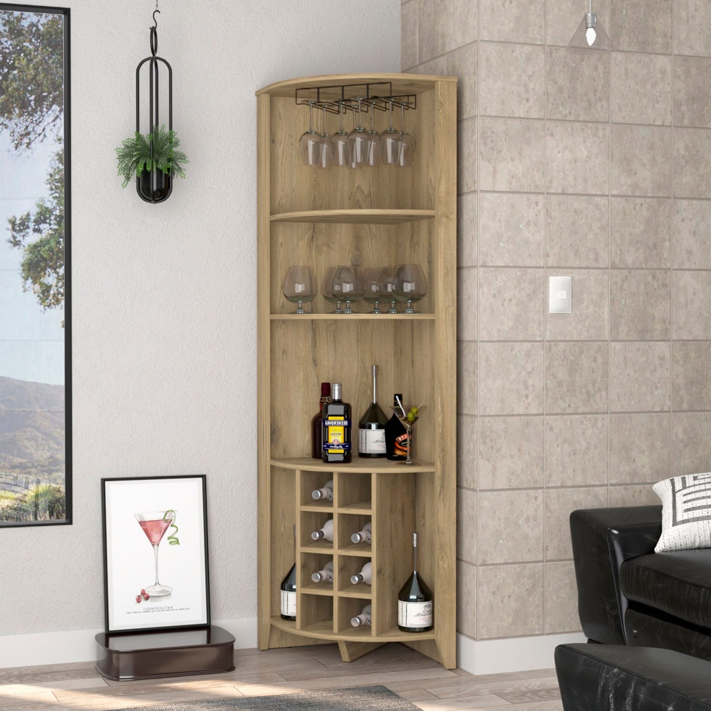 Bouvet Corner Bar Cabinet; Three Shelves; Eight Built-in Wine Rack; Two Side Shelves