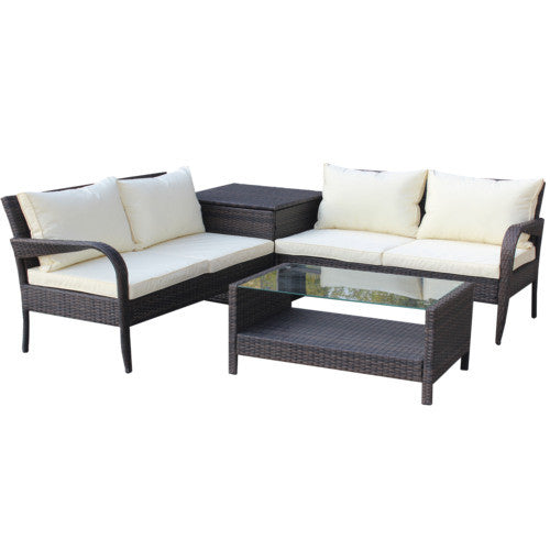 4 Piece Patio Sectional Wicker Rattan Outdoor Furniture Sofa Set with Storage Box Brown