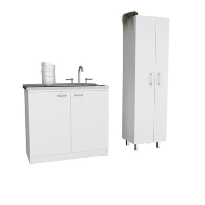 Safford 2 Piece Kitchen Set, Utility Sink Cabinet + Pantry Cabinet, White